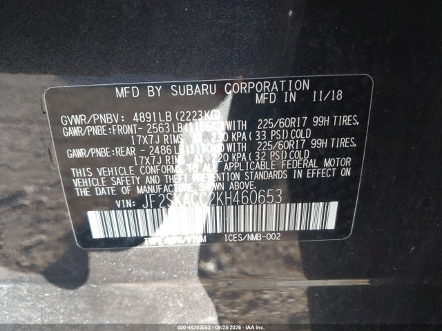 46203553 :رقم المزاد ، JF2SKACC2KH460653 vin ، 2019 Subaru Forester مزاد بيع