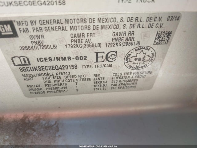 46203559 :رقم المزاد ، 3GCUKSEC0EG420158 vin ، 2014 Chevrolet Silverado 1500 Ltz مزاد بيع