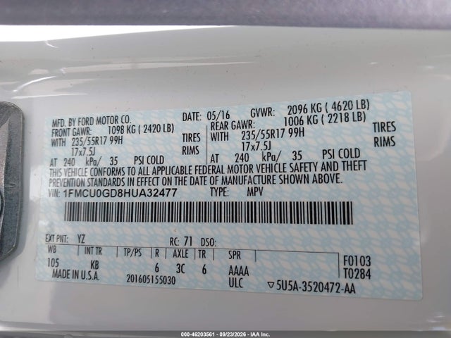 Продаж на аукціоні авто 2017 Ford Escape Se, vin: 1FMCU0GD8HUA32477, номер лоту: 46203561