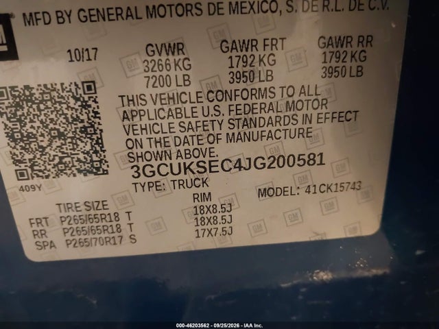 46203562 :رقم المزاد ، 3GCUKSEC4JG200581 vin ، 2018 Chevrolet Silverado 1500 2lz مزاد بيع