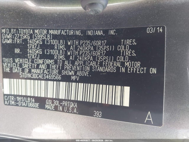 Продажа на аукционе авто 2014 Toyota Sienna Xle V6 8 Passenger, vin: 5TDYK3DC4ES469566, номер лота: 46203577