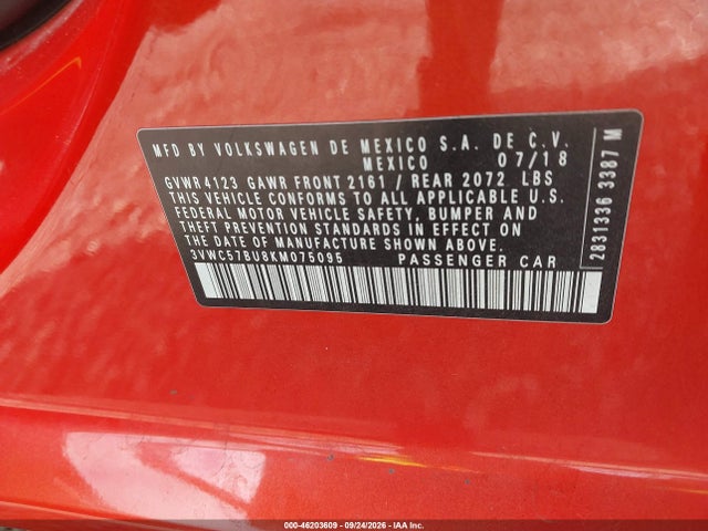 Продаж на аукціоні авто 2019 Volkswagen Jetta 1.4t R-line/1.4t S/1.4t Se, vin: 3VWC57BU8KM075095, номер лоту: 46203609