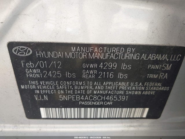 46203612 :رقم المزاد ، 5NPEB4AC8CH465391 vin ، 2012 Hyundai Sonata Gls مزاد بيع