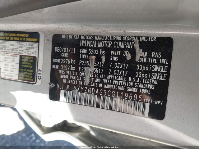 Aukcja sprzedaży 2012 Hyundai Santa Fe Gls V6, vin: 5XYZGDAG3CG119696, numer aukcji: 46203636