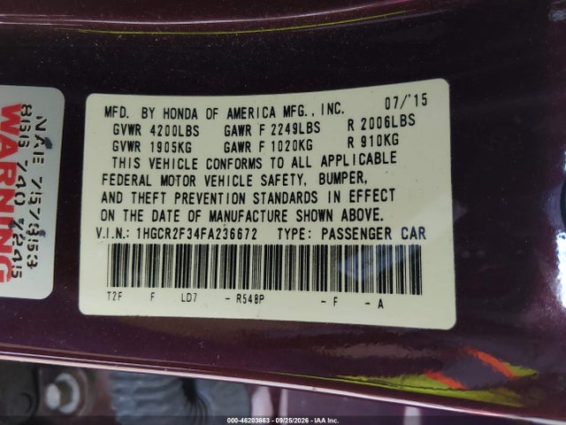 2015 Honda Accord Lx მანქანა იყიდება აუქციონზე, vin: 1HGCR2F34FA236672, აუქციონის ნომერი: 46203663