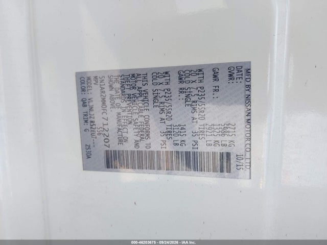 Продажа на аукционе авто 2015 Nissan Pathfinder Platinum/s/sl/sv, vin: 5N1AR2MM0FC712207, номер лота: 46203675