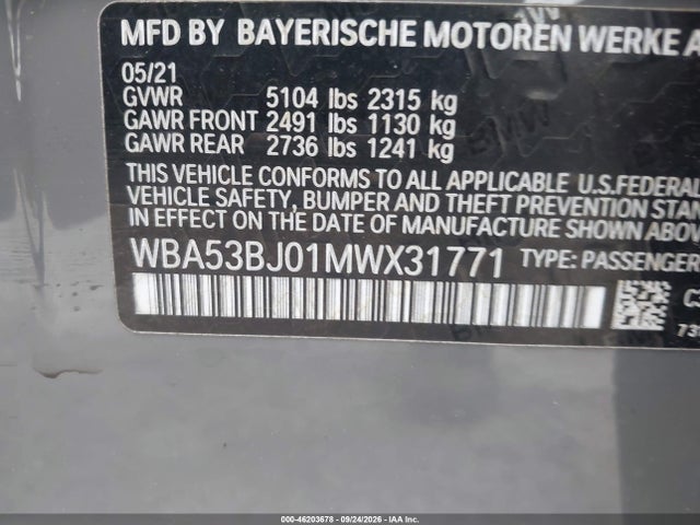 Aukcja sprzedaży 2021 Bmw 540i, vin: WBA53BJ01MWX31771, numer aukcji: 46203678