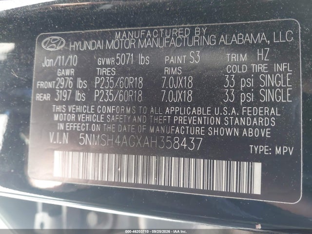 46203710 :رقم المزاد ، 5NMSH4AGXAH358437 vin ، 2010 Hyundai Santa Fe Se مزاد بيع