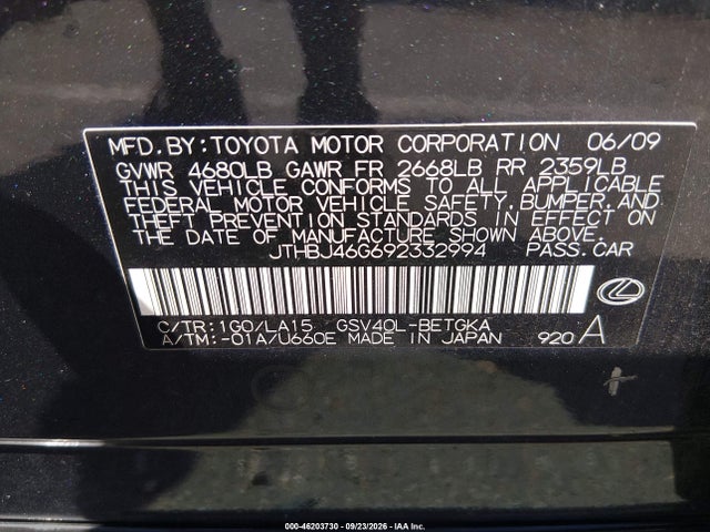 2009 Lexus Es 350 მანქანა იყიდება აუქციონზე, vin: JTHBJ46G692332994, აუქციონის ნომერი: 46203730