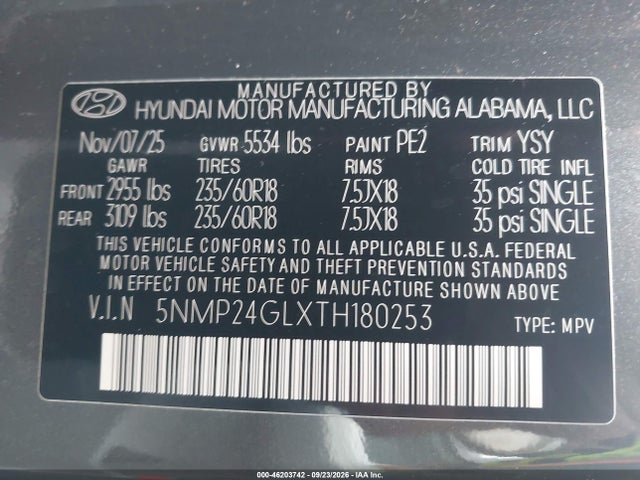 46203742 :رقم المزاد ، 5NMP24GLXTH180253 vin ، 2026 Hyundai Santa Fe Sel مزاد بيع