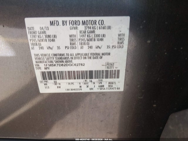 Продажа на аукционе авто 2013 Ford Explorer Xlt, vin: 1FM5K7D82DGC62782, номер лота: 46203748