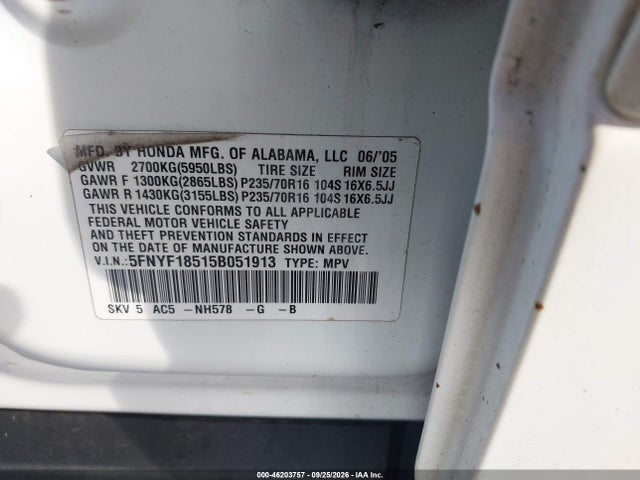 Продажа на аукционе авто 2005 Honda Pilot Ex-l, vin: 5FNYF18515B051913, номер лота: 46203757