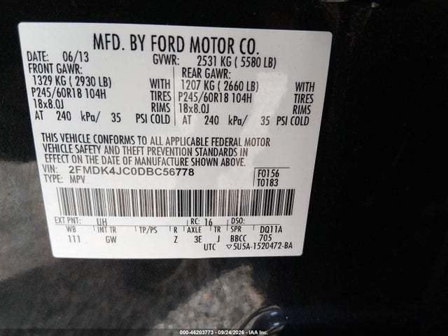 2013 Ford Edge Sel მანქანა იყიდება აუქციონზე, vin: 2FMDK4JC0DBC56778, აუქციონის ნომერი: 46203773