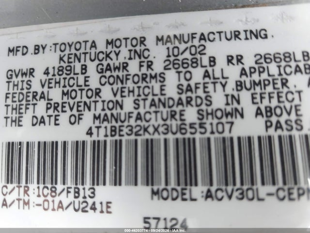 46203774 :رقم المزاد ، 4T1BE32KX3U655107 vin ، 2003 Toyota Camry Le مزاد بيع