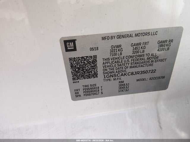 Продажа на аукционе авто 2018 Chevrolet Tahoe Ls, vin: 1GNSCAKC8JR350722, номер лота: 46203776