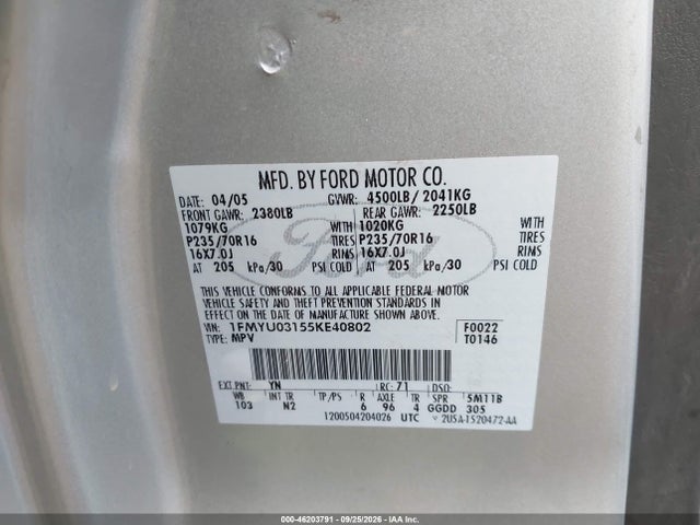 Продаж на аукціоні авто 2005 Ford Escape Xlt, vin: 1FMYU03155KE40802, номер лоту: 46203791