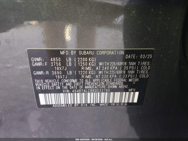 2025 Subaru Outback Onyx Edition მანქანა იყიდება აუქციონზე, vin: 4S4BTALC8S3233780, აუქციონის ნომერი: 46203808