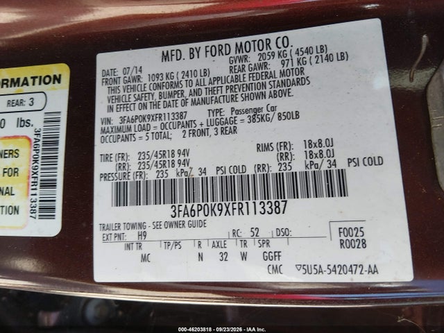 Ford Fusion Titanium 2015 3FA6P0K9XFR113387 Image 9