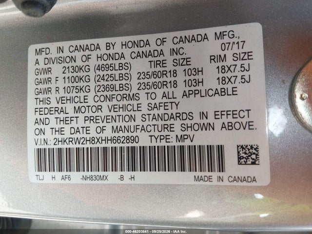46203841 :رقم المزاد ، 2HKRW2H8XHH662890 vin ، 2017 Honda Cr-v Ex-l/ex-l Navi مزاد بيع