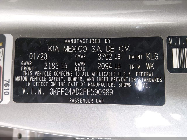 2023 Kia Fuerte Lxs მანქანა იყიდება აუქციონზე, vin: 3KPF24AD2PE590989, აუქციონის ნომერი: 46203846