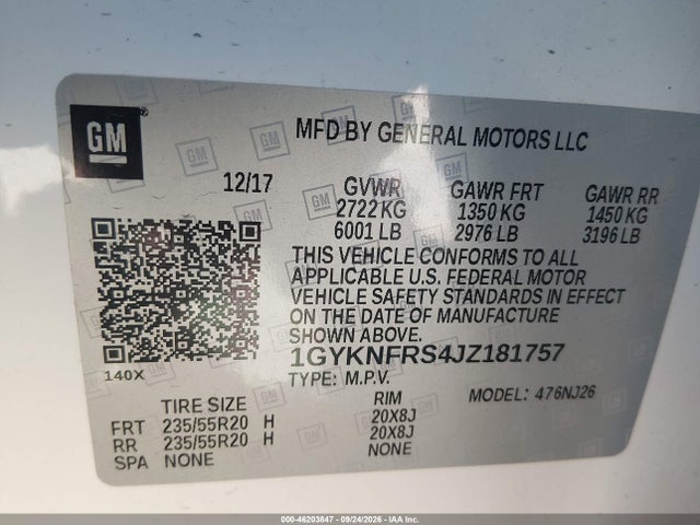 46203847 :رقم المزاد ، 1GYKNFRS4JZ181757 vin ، 2018 Cadillac Xt5 Premium Luxury مزاد بيع