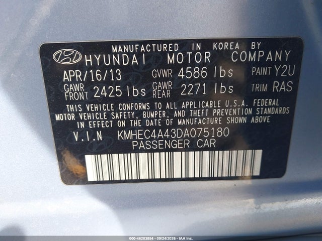 2013 Hyundai Sonata Hybrid Limited მანქანა იყიდება აუქციონზე, vin: KMHEC4A43DA075180, აუქციონის ნომერი: 46203854