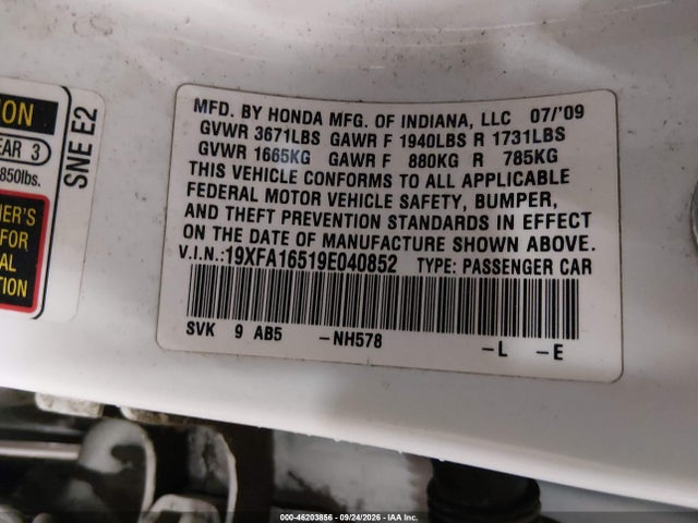 2009 Honda Civic Lx მანქანა იყიდება აუქციონზე, vin: 19XFA16519E040852, აუქციონის ნომერი: 46203856