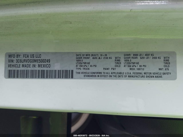46203872 :رقم المزاد ، 3C6LRVDG0ME500249 vin ، 2021 Ram Promaster High Roof مزاد بيع
