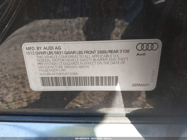 2013 Audi A8 L 3.0t მანქანა იყიდება აუქციონზე, vin: WAURGAFD9DN013385, აუქციონის ნომერი: 46203876