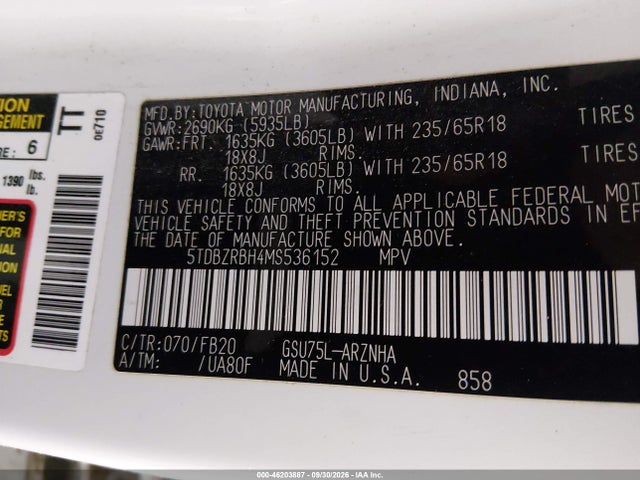Toyota Highlander Le 2021 5TDBZRBH4MS536152 Image 9