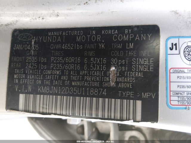 2005 Hyundai Tucson Gls/lx მანქანა იყიდება აუქციონზე, vin: KM8JN12D35U118874, აუქციონის ნომერი: 46203901