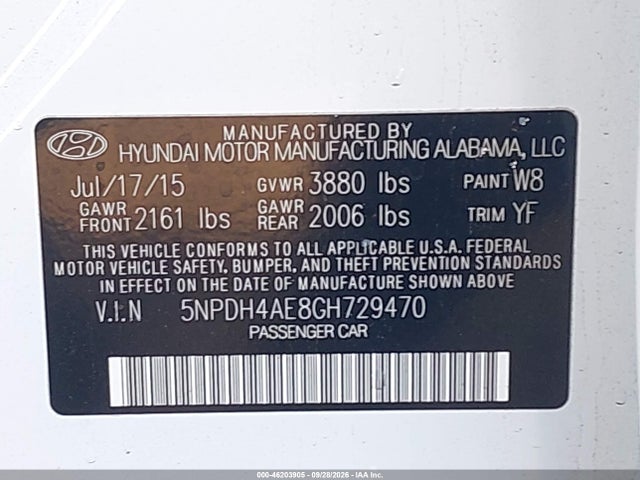 5NPDH4AE8GH729470 Hyundai ELANTRA SE