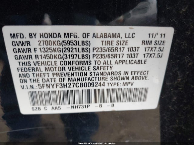Продаж на аукціоні авто 2012 Honda Pilot Lx, vin: 5FNYF3H27CB009244, номер лоту: 46203908