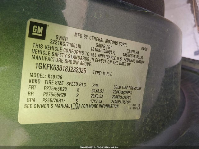 Aukcja sprzedaży 2008 Gmc Yukon Denali, vin: 1GKFK63818J232335, numer aukcji: 46203922