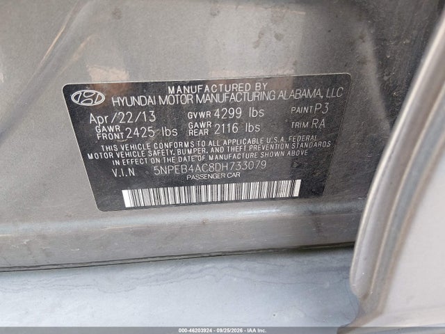 2013 Hyundai Sonata Gls მანქანა იყიდება აუქციონზე, vin: 5NPEB4AC8DH733079, აუქციონის ნომერი: 46203924