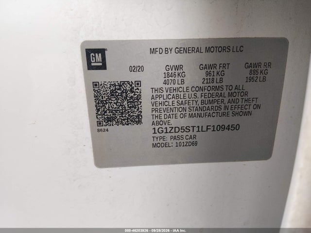 Aukcja sprzedaży 2020 Chevrolet Malibu Fwd Lt, vin: 1G1ZD5ST1LF109450, numer aukcji: 46203926