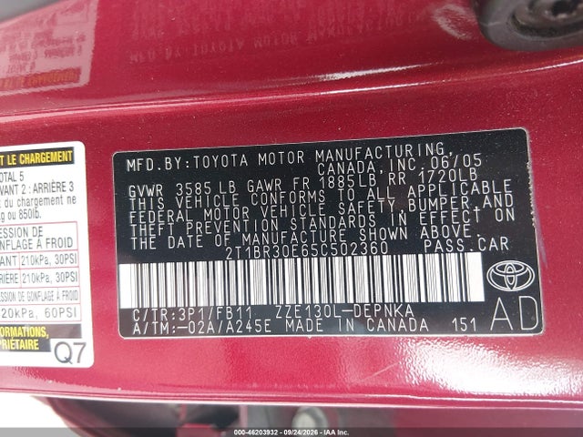 Auction sale of the 2005 Toyota Corolla Le, vin: 2T1BR30E65C502360, lot number: 46203932