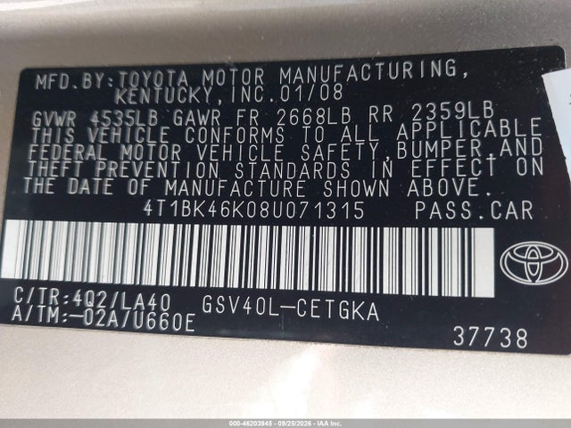46203945 :رقم المزاد ، 4T1BK46K08U071315 vin ، 2008 Toyota Camry Xle مزاد بيع