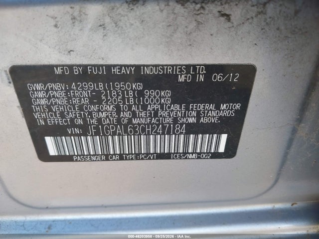 Продаж на аукціоні авто 2012 Subaru Impreza 2.0i Sport Premium, vin: JF1GPAL63CH247184, номер лоту: 46203958