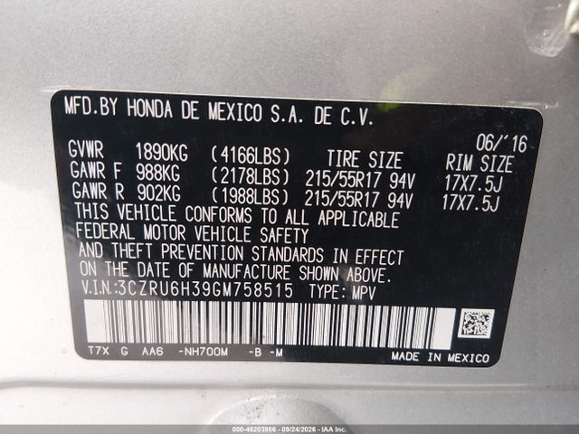 Honda HR-V LX 2016 3CZRU6H39GM758515 Image 9