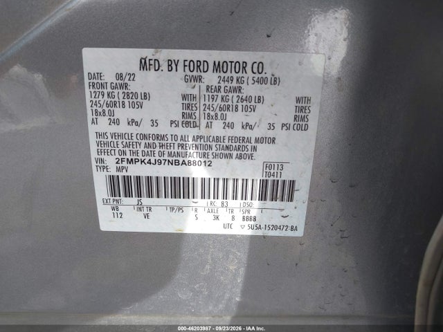 Продажа на аукционе авто 2022 Ford Edge Sel, vin: 2FMPK4J97NBA88012, номер лота: 46203987