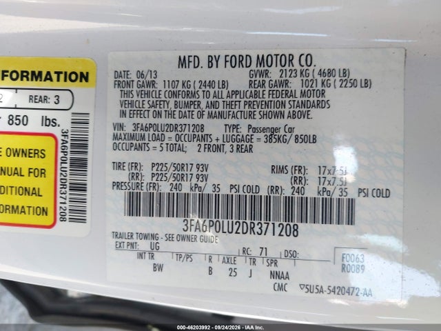 46203992 :رقم المزاد ، 3FA6P0LU2DR371208 vin ، 2013 Ford Fusion Hybrid Se مزاد بيع