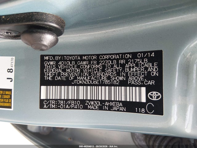 Auction sale of the 2014 Toyota Prius Two, vin: JTDKN3DU6E1785182, lot number: 46204013