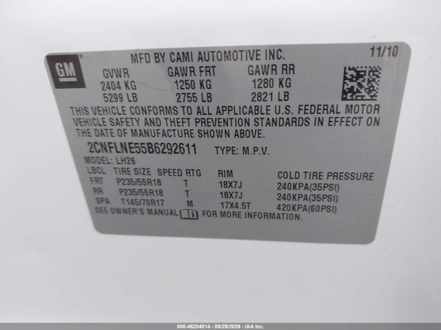 Aukcja sprzedaży 2011 Chevrolet Equinox Lt W/2lt, vin: 2CNFLNE55B6292611, numer aukcji: 46204014