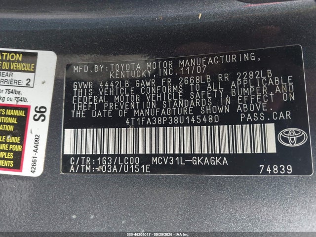 46204017 :رقم المزاد ، 4T1FA38P38U145480 vin ، 2008 Toyota Camry Solara Sle مزاد بيع