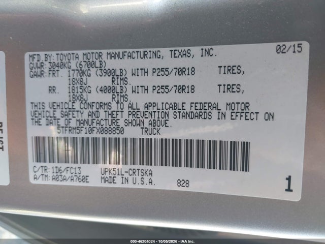 Aukcja sprzedaży 2015 Toyota Tundra Sr5 4.6l V8, vin: 5TFRM5F10FX088850, numer aukcji: 46204024