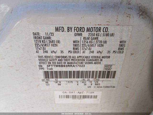 Продажа на аукционе авто 2024 Ford Maverick Xl, vin: 3FTTW8B93RRA17023, номер лота: 46204028