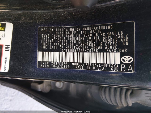 5YFBURHE9GP476166 Toyota Corolla S Plus