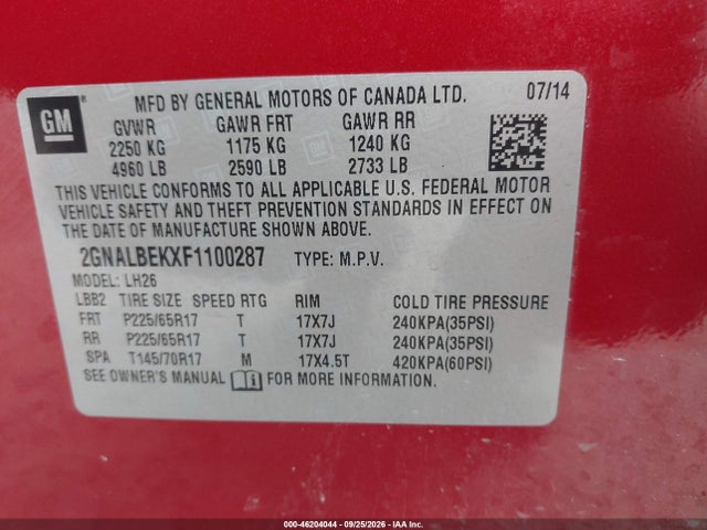 Продаж на аукціоні авто 2015 Chevrolet Equinox 1lt, vin: 2GNALBEKXF1100287, номер лоту: 46204044