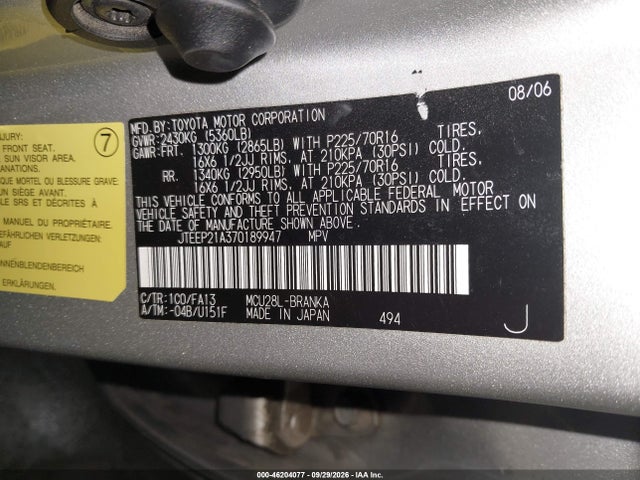 Aukcja sprzedaży 2007 Toyota Highlander 3rd Row, vin: JTEEP21A370189947, numer aukcji: 46204077